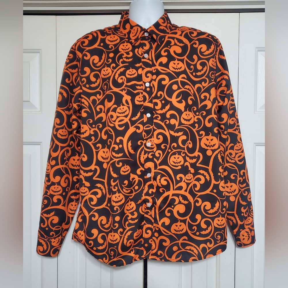 FOHEMR Halloween Pumpkin & Bat Scrollwork Shirt